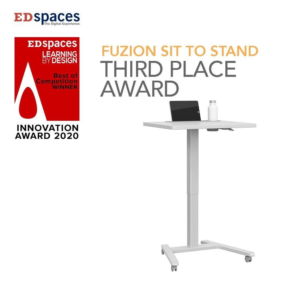 Fuzion Sit-to-Stand Mobile Student/Teacher Desk, Fog Gray Formica Laminate with Platinum Frame