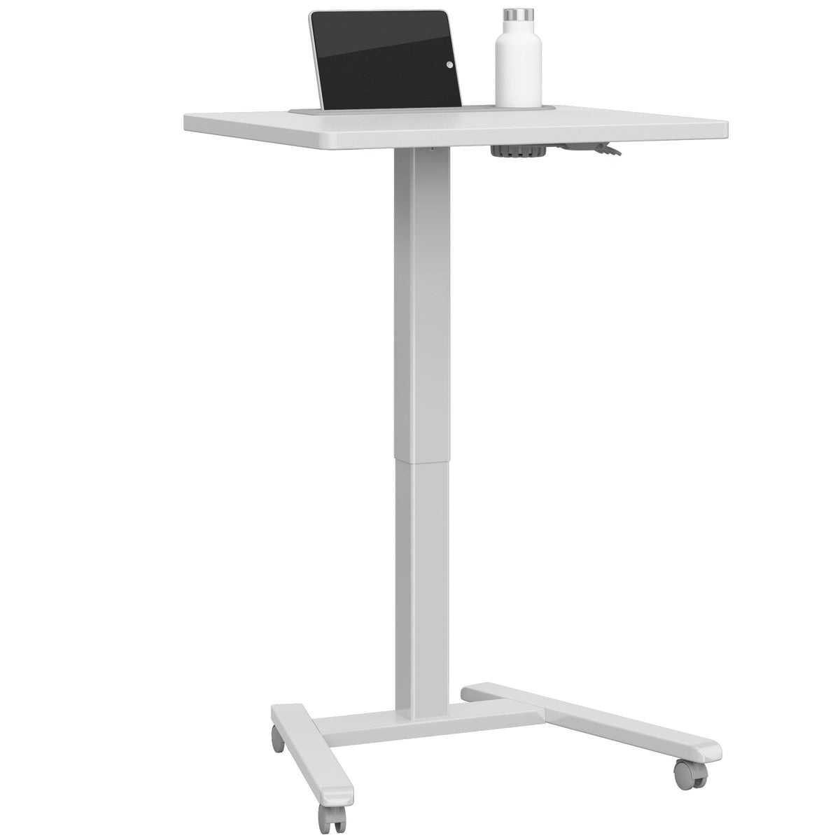 Fuzion Sit-to-Stand Mobile Student/Teacher Desk, Fog Gray Formica Laminate with Platinum Frame