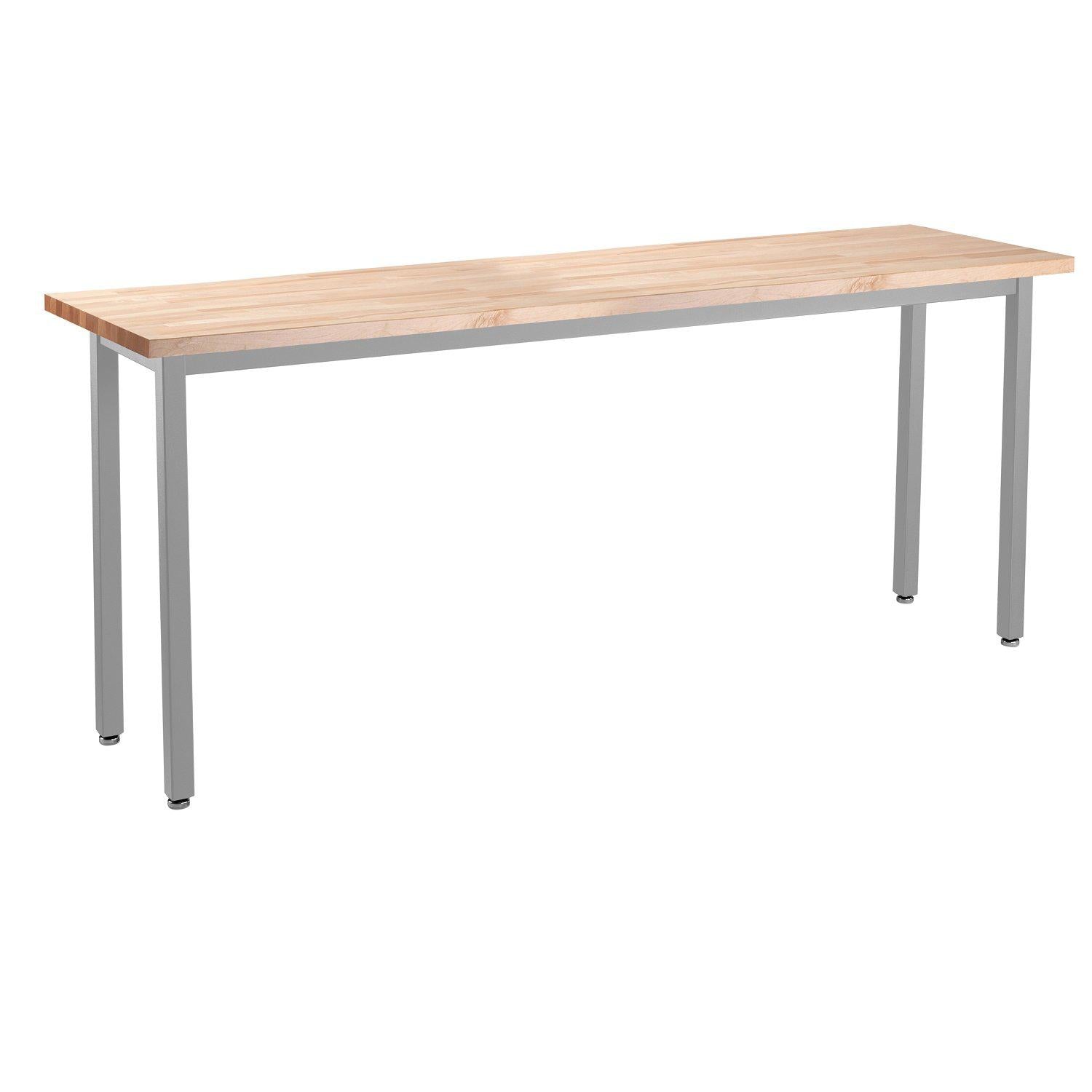 Heavy-Duty Fixed Height Utility Table, Soft Grey Frame, 18" x 84", Butcherblock Top