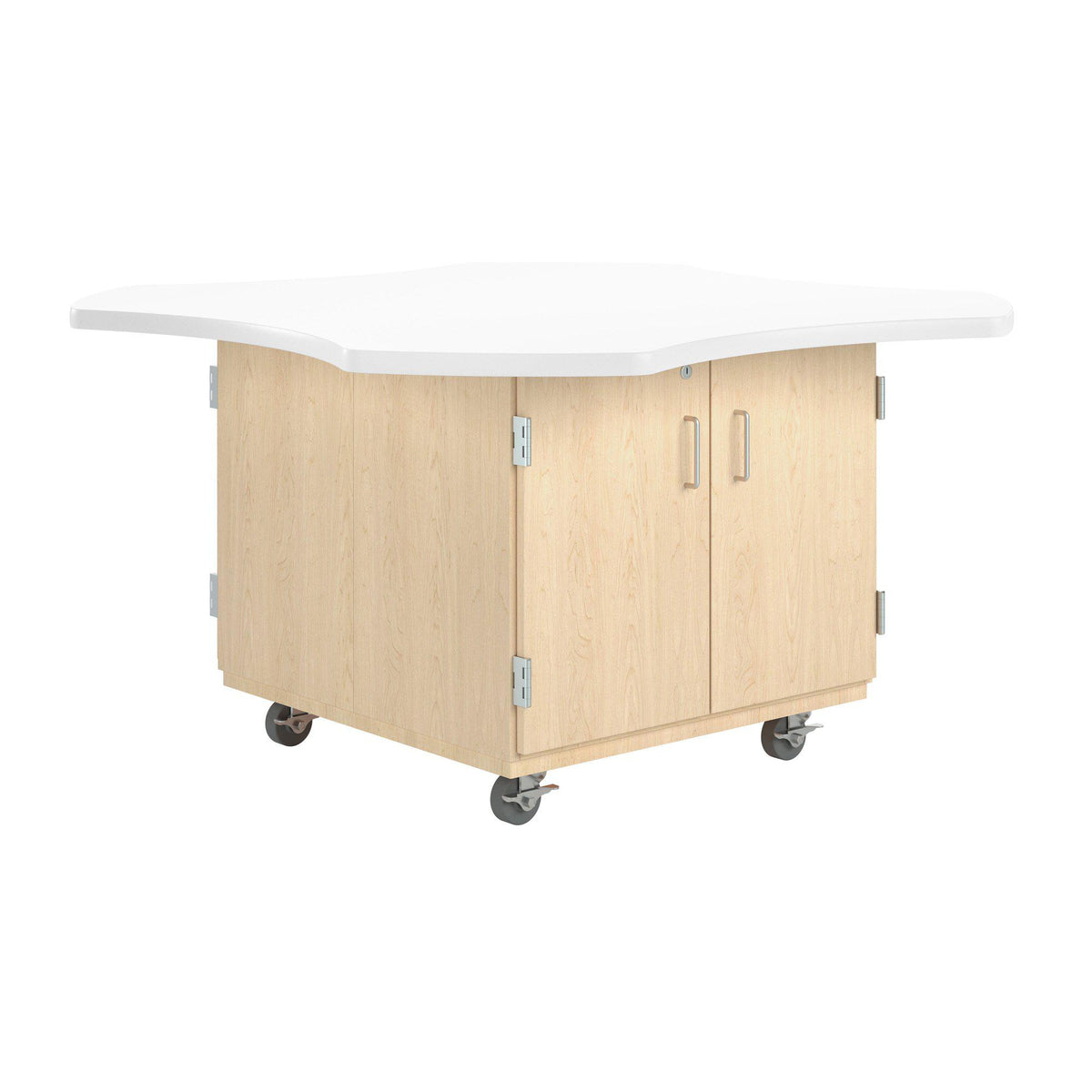 Intermix Mobile Workbench with Wave-Shaped Laminate Top, 4-Door Cabinet, 30" H, Maple Finish