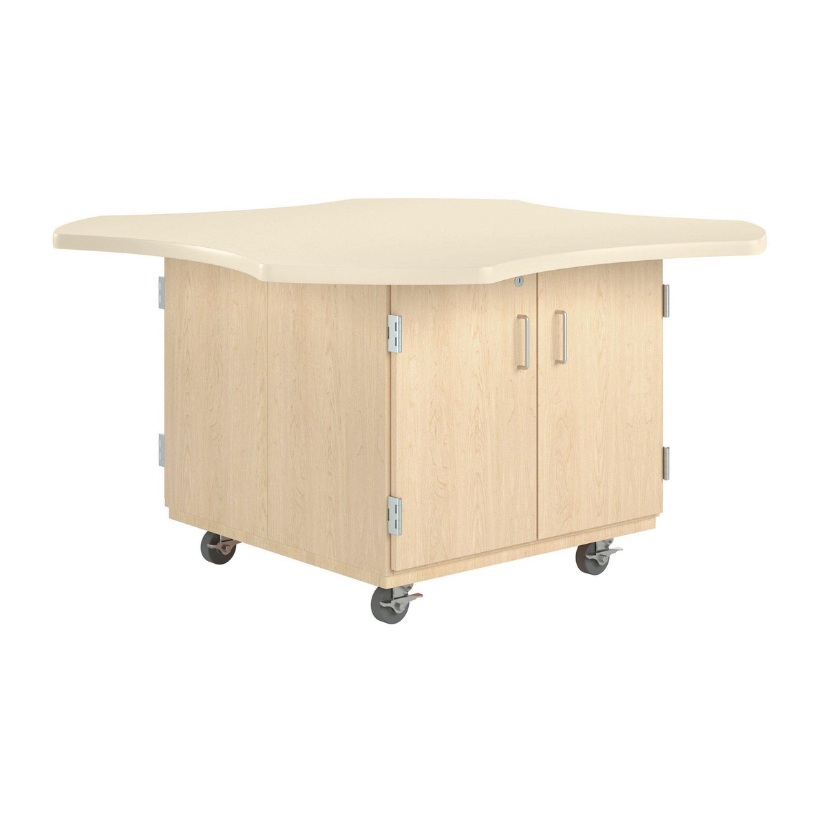 Intermix Mobile Workbench with Wave-Shaped Laminate Top, 4-Door Cabinet, 30" H, Maple Finish