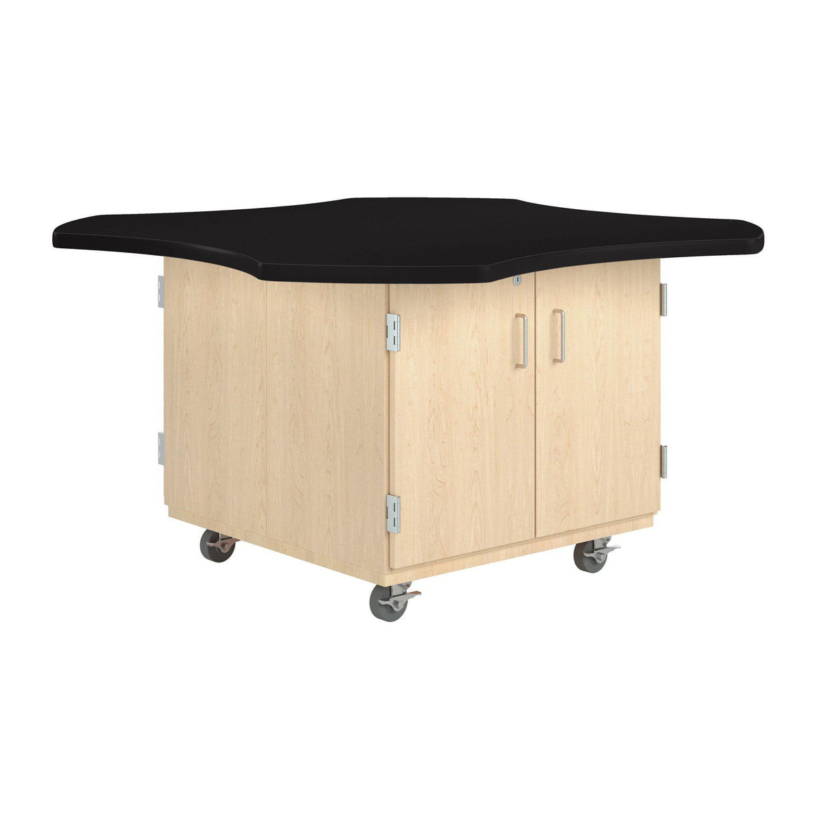 Intermix Mobile Workbench with Wave-Shaped Laminate Top, 4-Door Cabinet, 30" H, Maple Finish