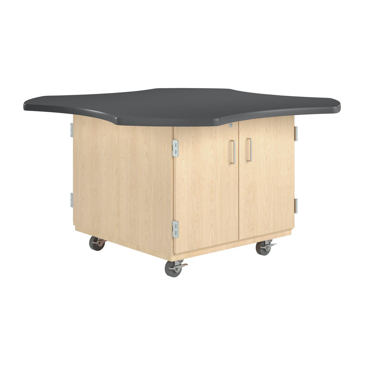 Intermix Mobile Workbench with Wave-Shaped Laminate Top, 4-Door Cabinet, 30" H, Maple Finish