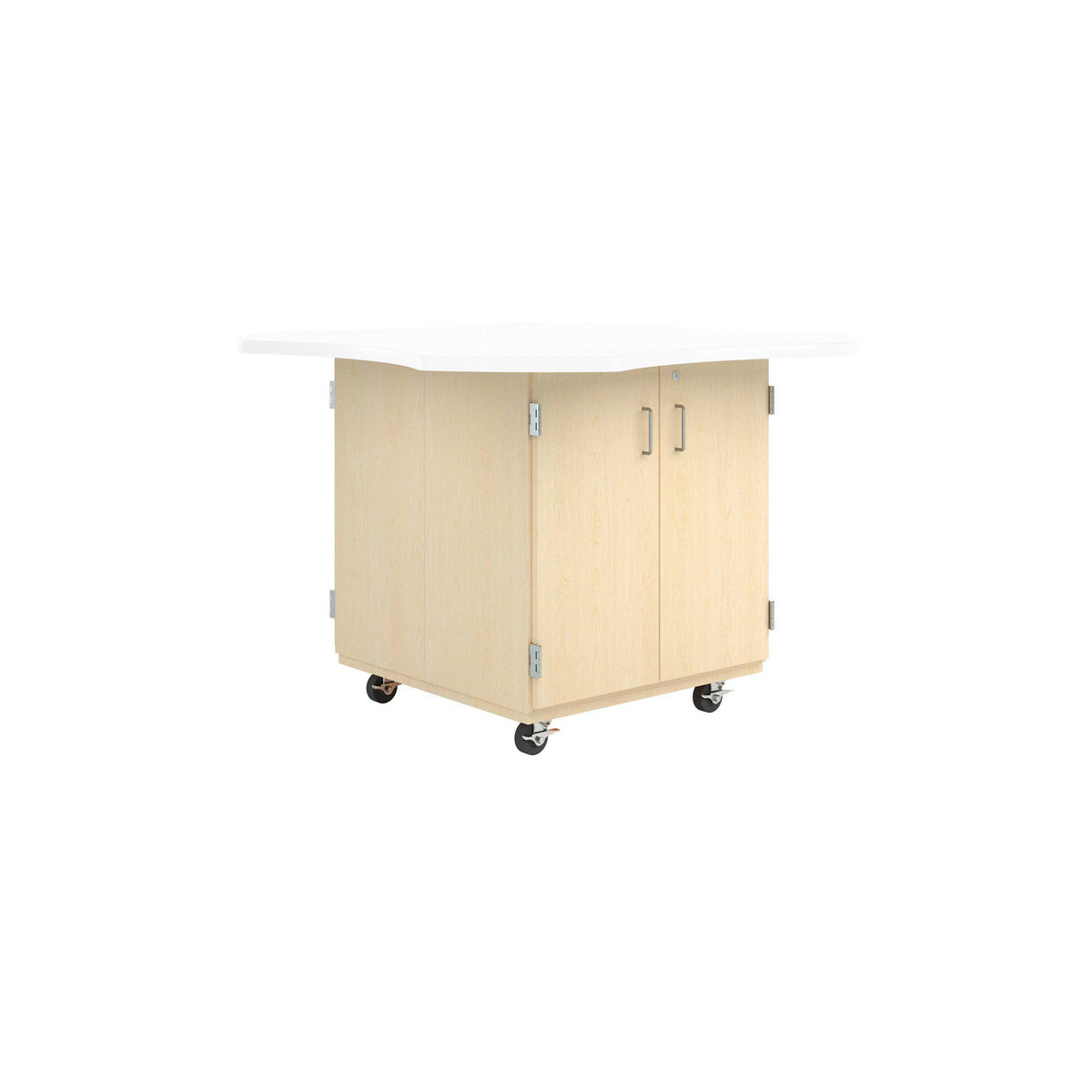 Intermix Mobile Workbench with Wave-Shaped Laminate Top, 4-Door Cabinet, 36" H, Maple Finish