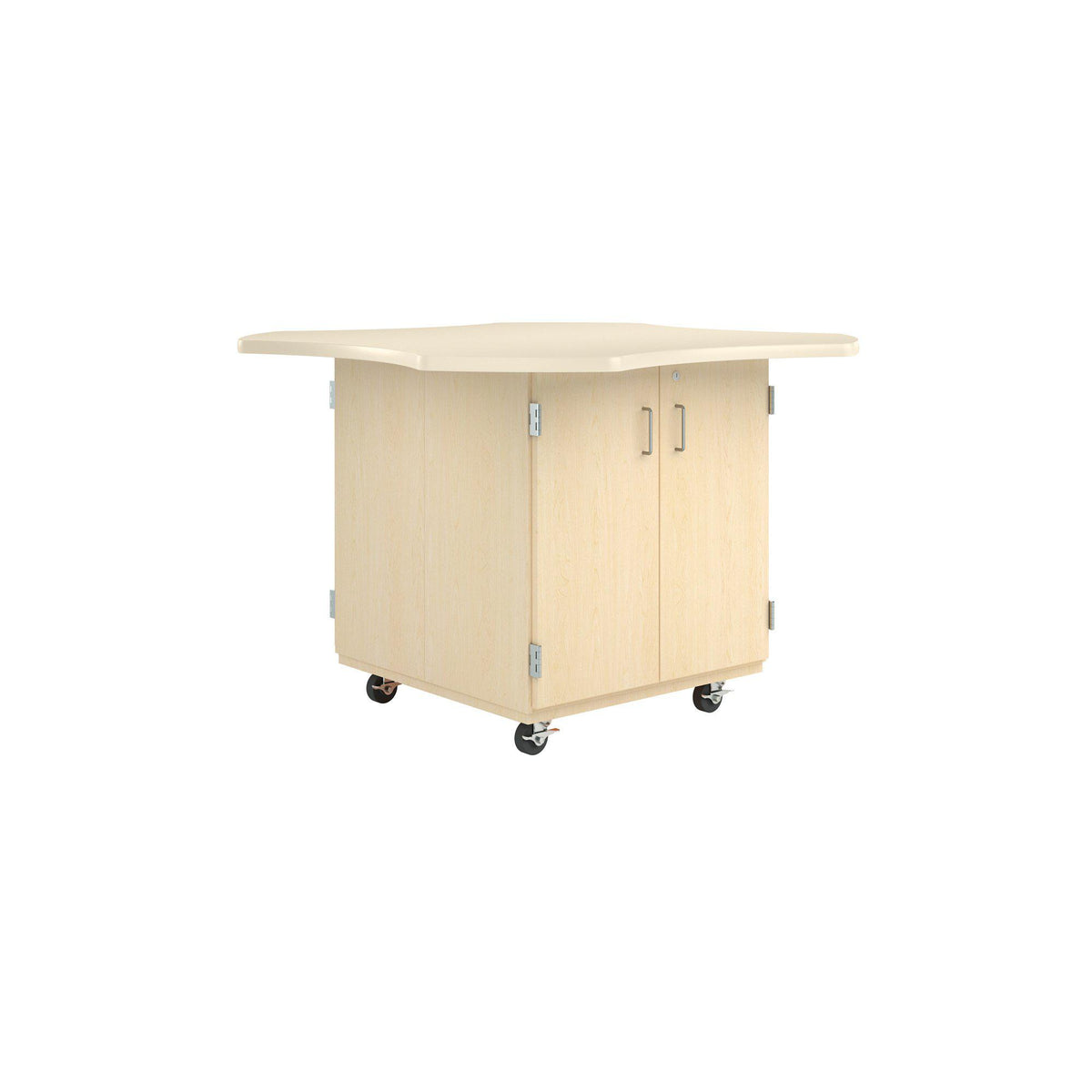 Intermix Mobile Workbench with Wave-Shaped Laminate Top, 4-Door Cabinet, 36" H, Maple Finish