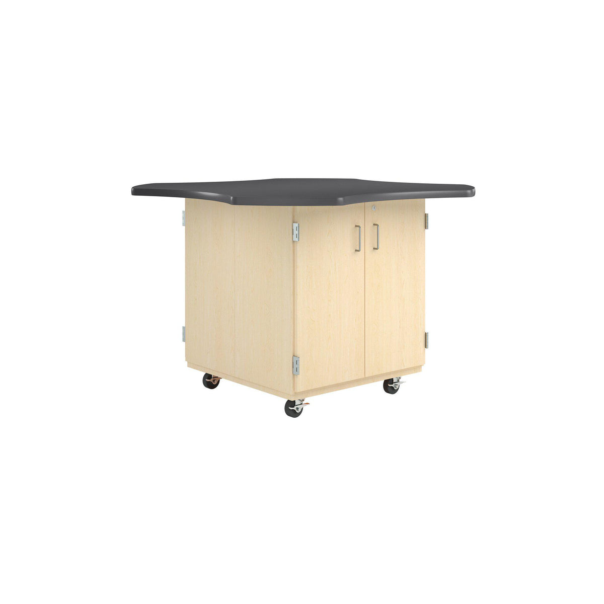 Intermix Mobile Workbench with Wave-Shaped Laminate Top, 4-Door Cabinet, 36" H, Maple Finish