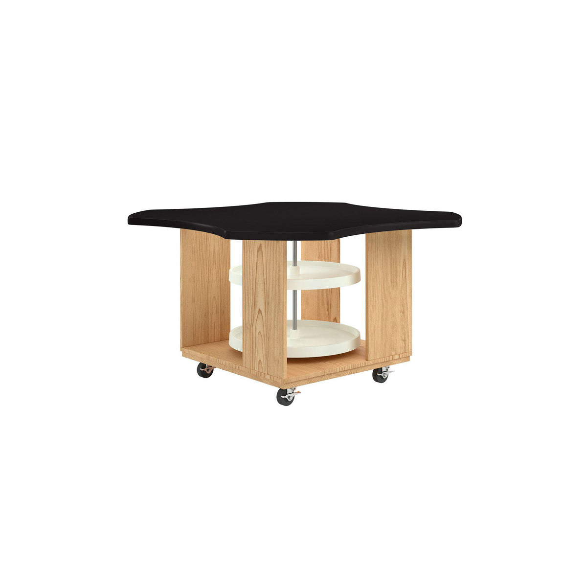 Intermix Mobile Workbench with Wave-Shaped Laminate Top, Lazy Susan Cabinet, 30" H, Oak Finish