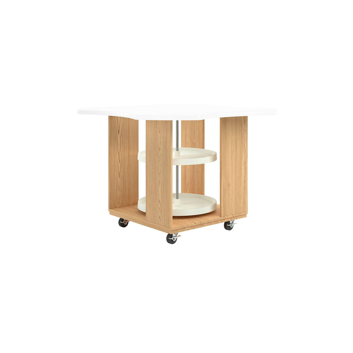 Intermix Mobile Workbench with Wave-Shaped Laminate Top, Lazy Susan Cabinet, 36" H, Oak Finish