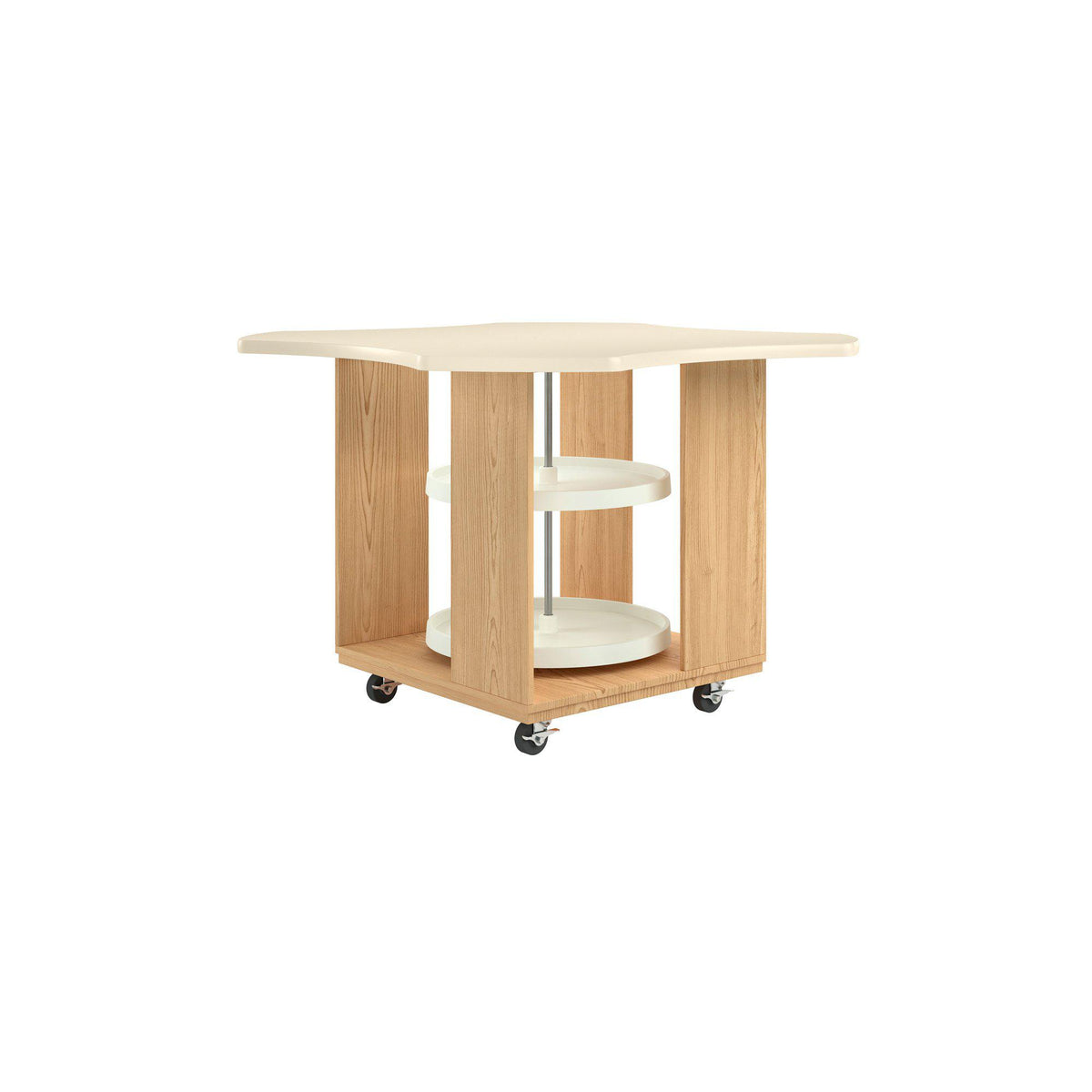 Intermix Mobile Workbench with Wave-Shaped Laminate Top, Lazy Susan Cabinet, 36" H, Oak Finish
