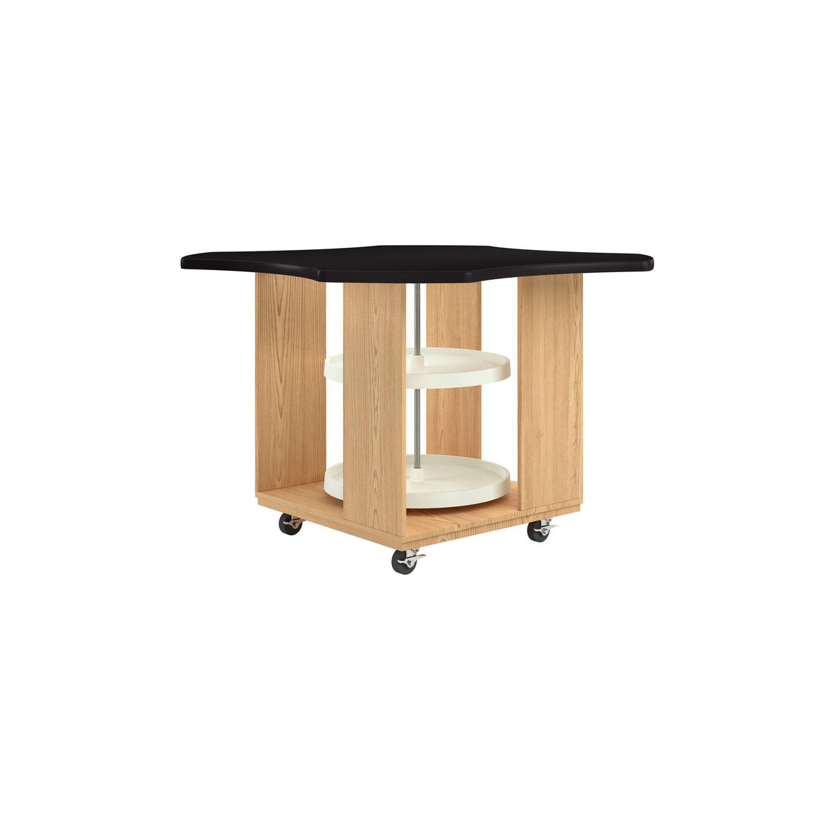 Intermix Mobile Workbench with Wave-Shaped Laminate Top, Lazy Susan Cabinet, 36" H, Oak Finish