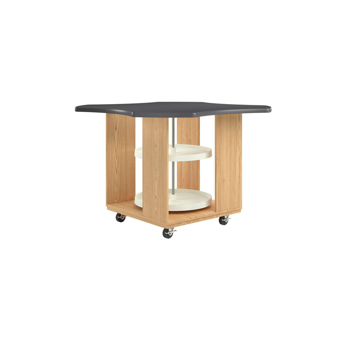 Intermix Mobile Workbench with Wave-Shaped Laminate Top, Lazy Susan Cabinet, 36" H, Oak Finish
