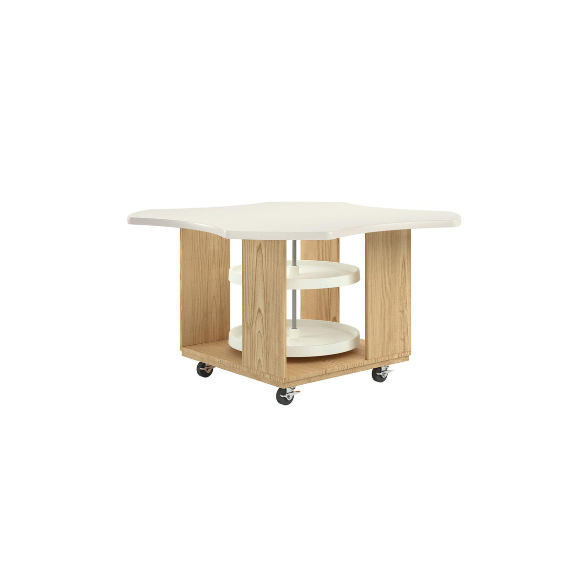 Intermix Mobile Workbench with Wave-Shaped Laminate Top, Lazy Susan Cabinet, 30" H, Oak Finish
