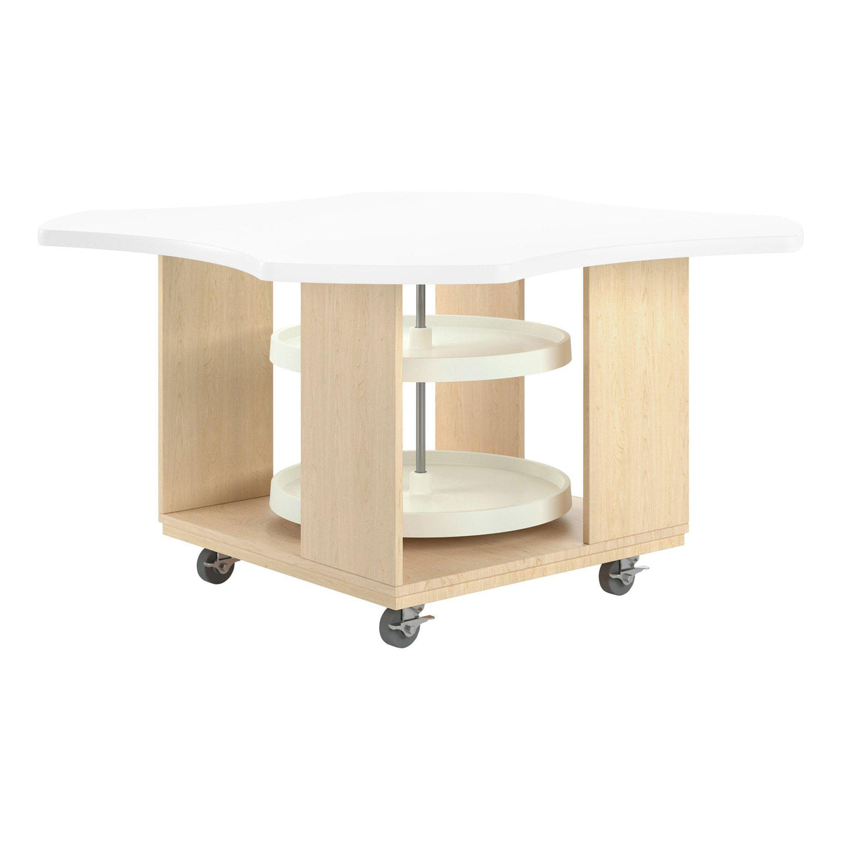 Intermix Mobile Workbench with Wave-Shaped Laminate Top, Lazy Susan Cabinet, 30" H, Maple Finish