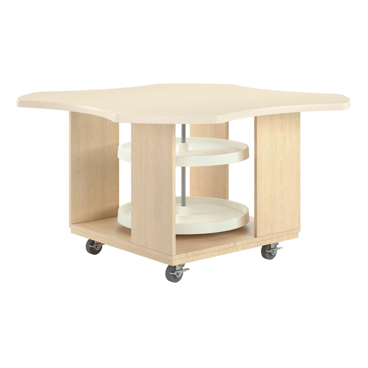 Intermix Mobile Workbench with Wave-Shaped Laminate Top, Lazy Susan Cabinet, 30" H, Maple Finish
