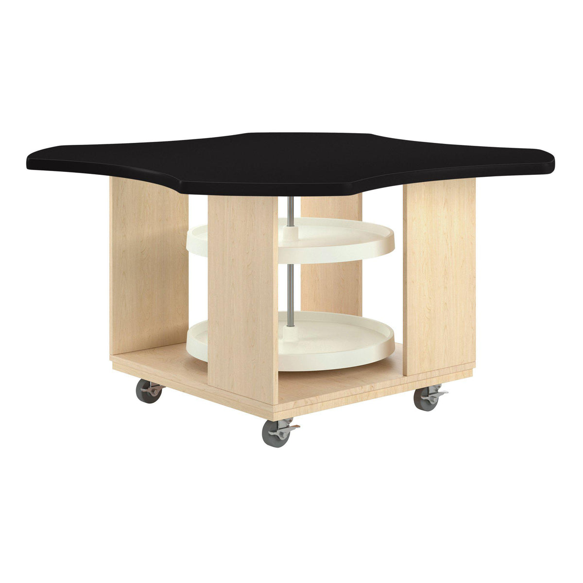 Intermix Mobile Workbench with Wave-Shaped Laminate Top, Lazy Susan Cabinet, 30" H, Maple Finish
