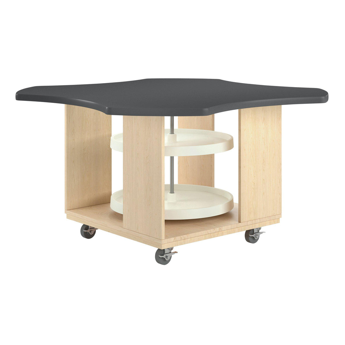 Intermix Mobile Workbench with Wave-Shaped Laminate Top, Lazy Susan Cabinet, 30" H, Maple Finish