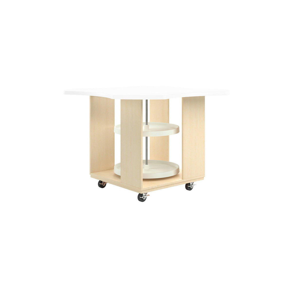 Intermix Mobile Workbench with Wave-Shaped Laminate Top, Lazy Susan Cabinet, 36" H, Maple Finish