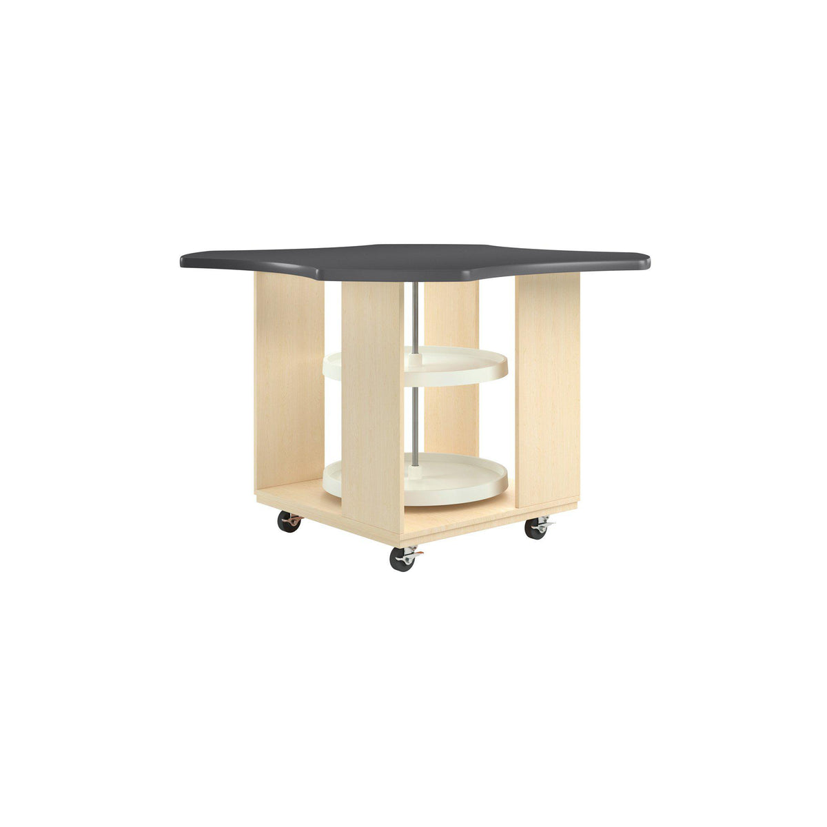 Intermix Mobile Workbench with Wave-Shaped Laminate Top, Lazy Susan Cabinet, 36" H, Maple Finish