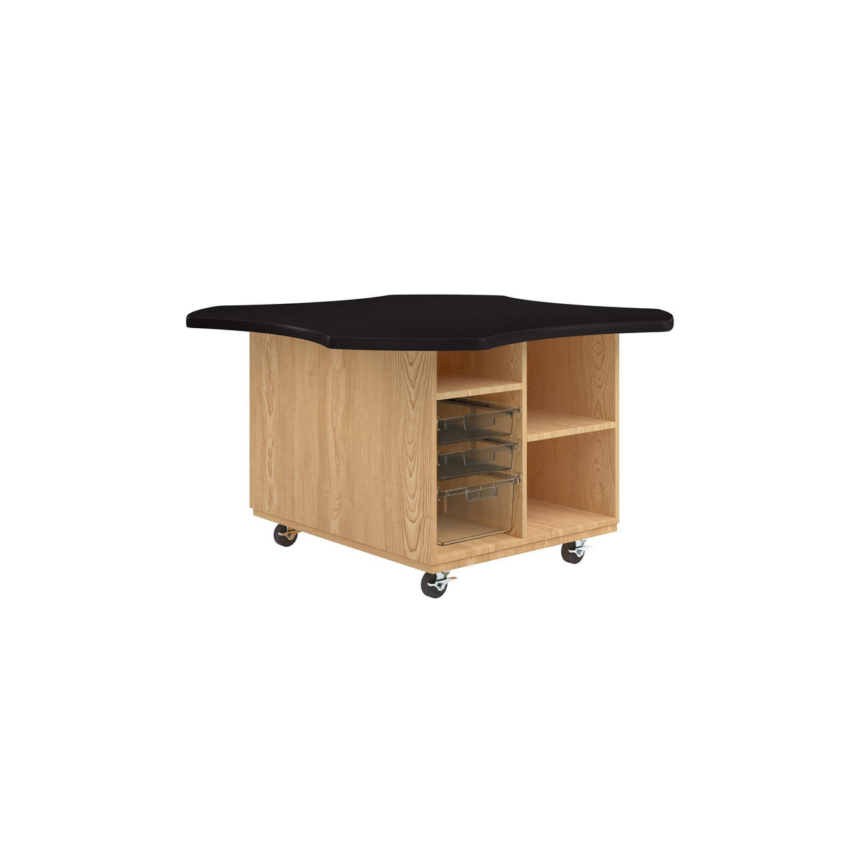 Intermix Mobile Workbench with Wave-Shaped Laminate Top, Open Tote Cabinet, 30" H, Oak Finish