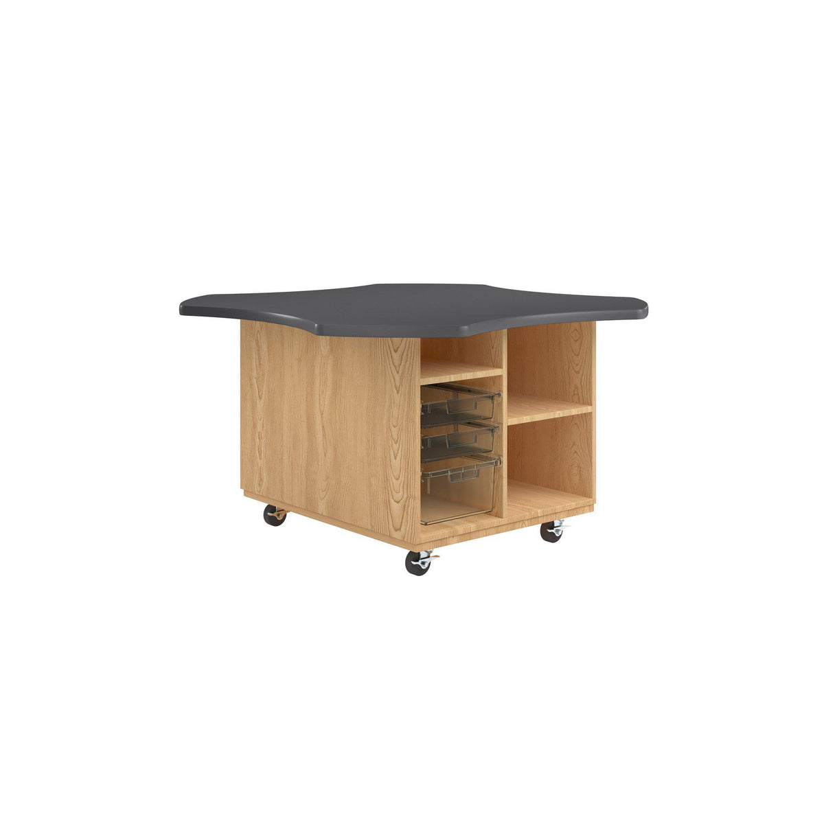 Intermix Mobile Workbench with Wave-Shaped Laminate Top, Open Tote Cabinet, 30" H, Oak Finish