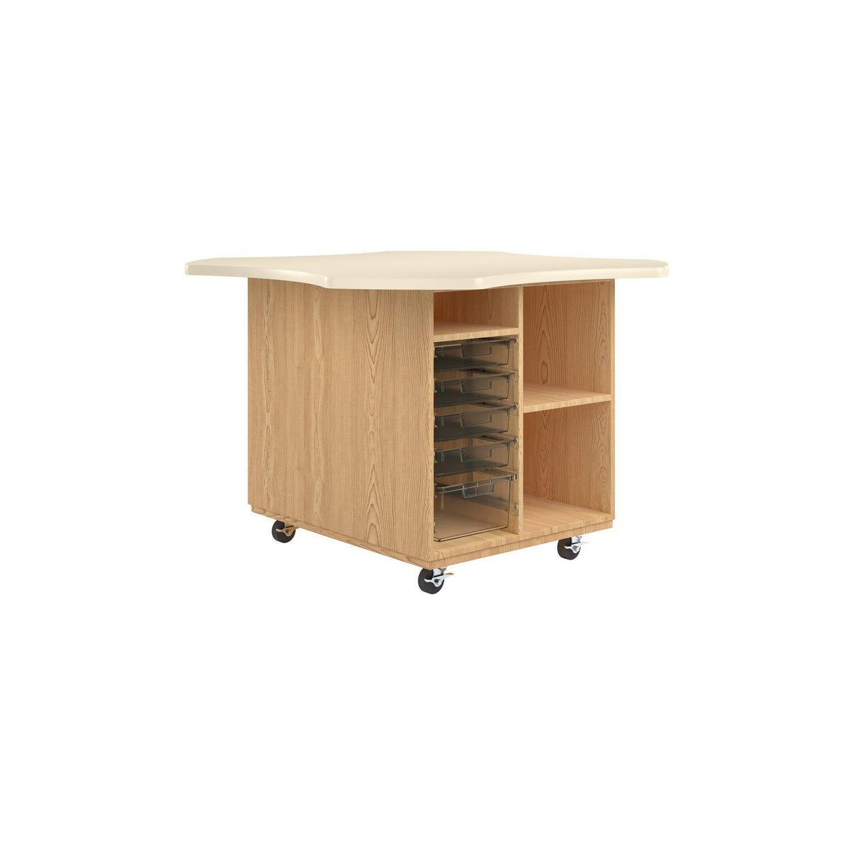 Intermix Mobile Workbench with Wave-Shaped Laminate Top, Open Tote Cabinet, 36" H, Oak Finish