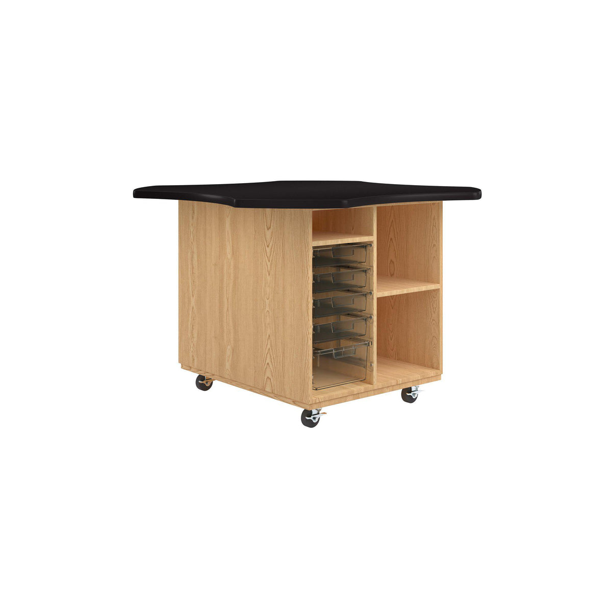 Intermix Mobile Workbench with Wave-Shaped Laminate Top, Open Tote Cabinet, 36" H, Oak Finish