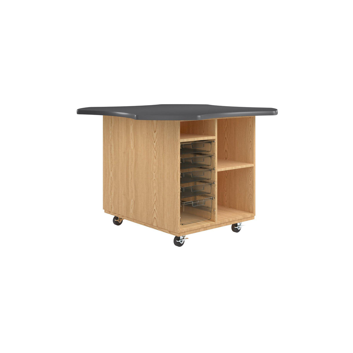 Intermix Mobile Workbench with Wave-Shaped Laminate Top, Open Tote Cabinet, 36" H, Oak Finish