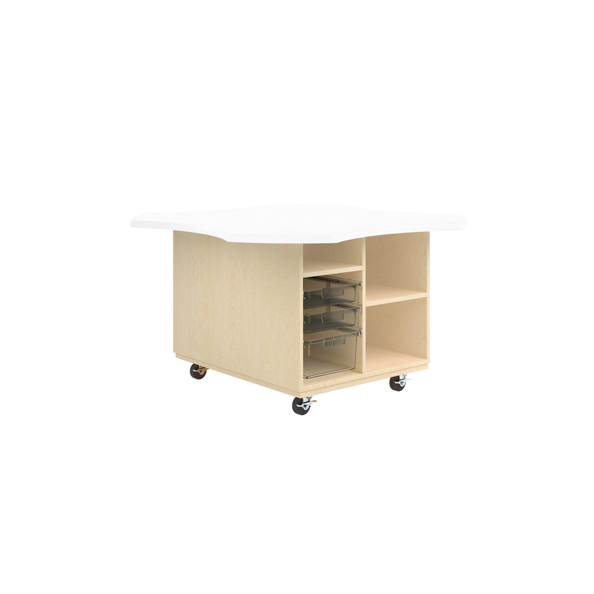 Intermix Mobile Workbench with Wave-Shaped Laminate Top, Open Tote Cabinet, 30" H, Maple Finish