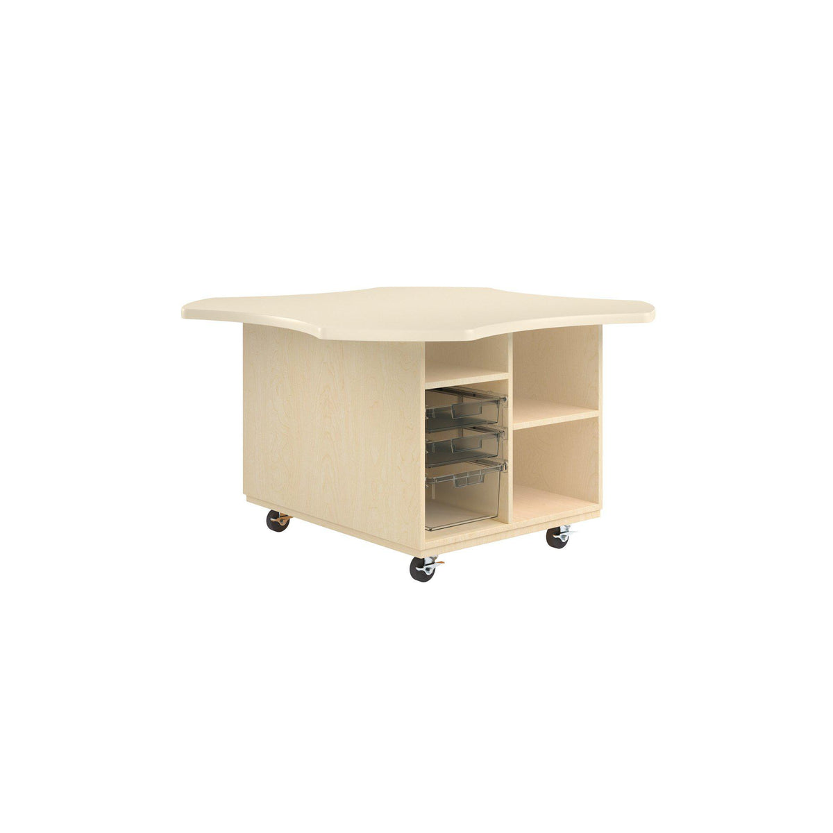 Intermix Mobile Workbench with Wave-Shaped Laminate Top, Open Tote Cabinet, 30" H, Maple Finish