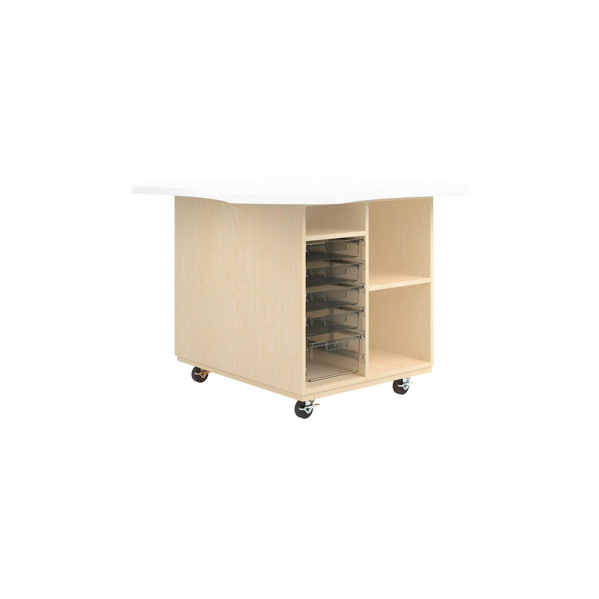 Intermix Mobile Workbench with Wave-Shaped Laminate Top, Open Tote Cabinet, 36" H, Maple Finish