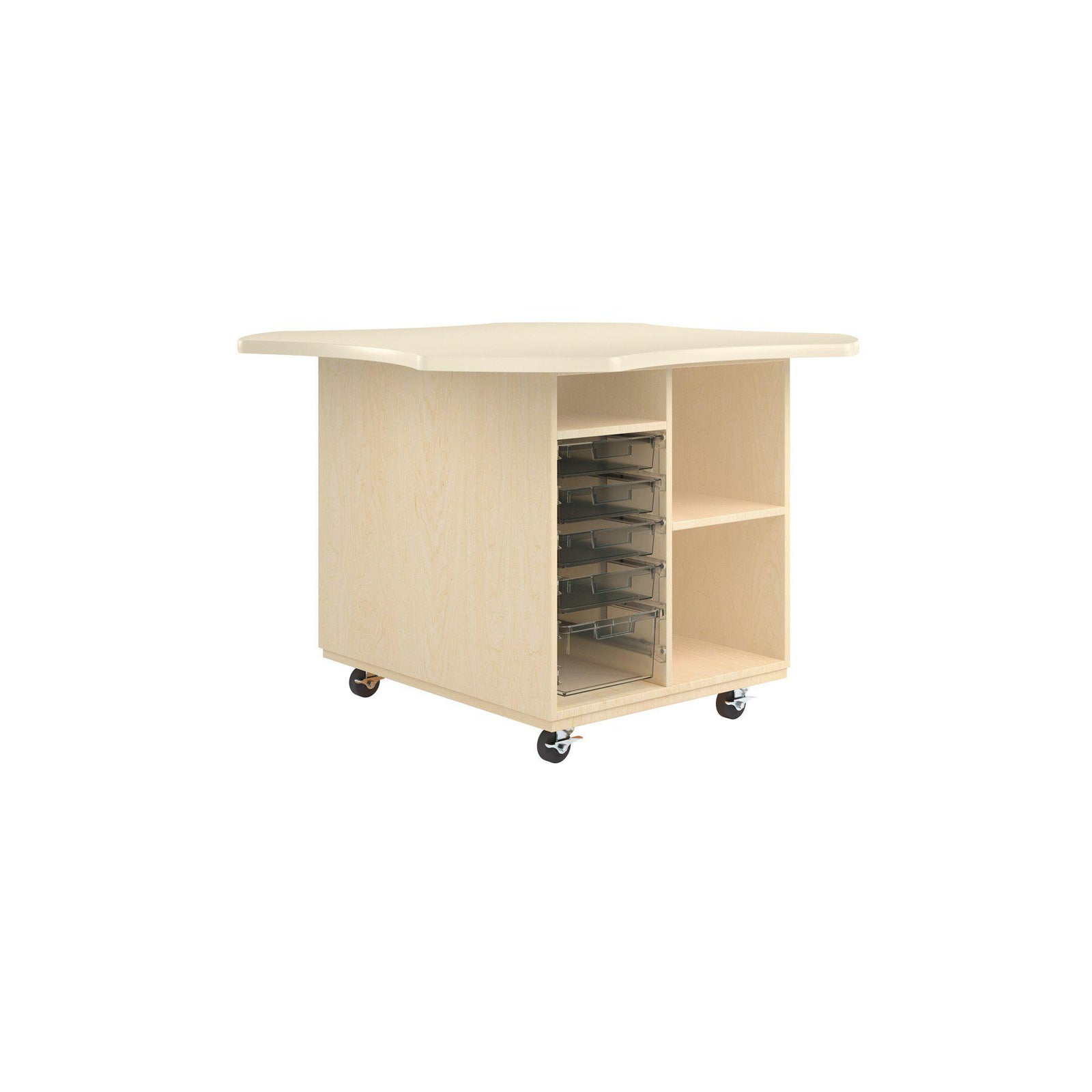 Intermix Mobile Workbench with Wave-Shaped Laminate Top, Open Tote Cabinet, 36" H, Maple Finish