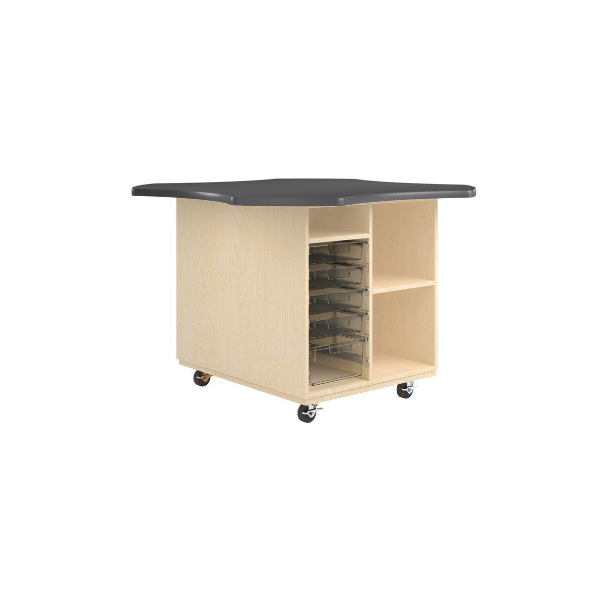 Intermix Mobile Workbench with Wave-Shaped Laminate Top, Open Tote Cabinet, 36" H, Maple Finish