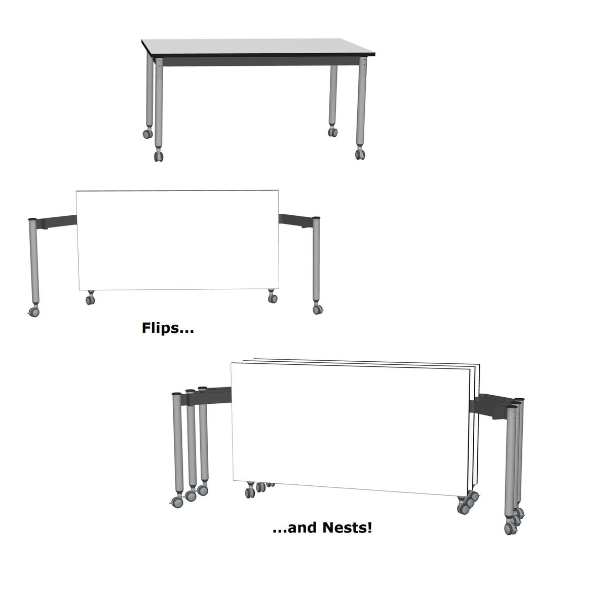 Muzo Kite® Mobile Dry-Erase Flip-Top Folding/Nesting Table, Rectangle, 51" W x 25.5" D