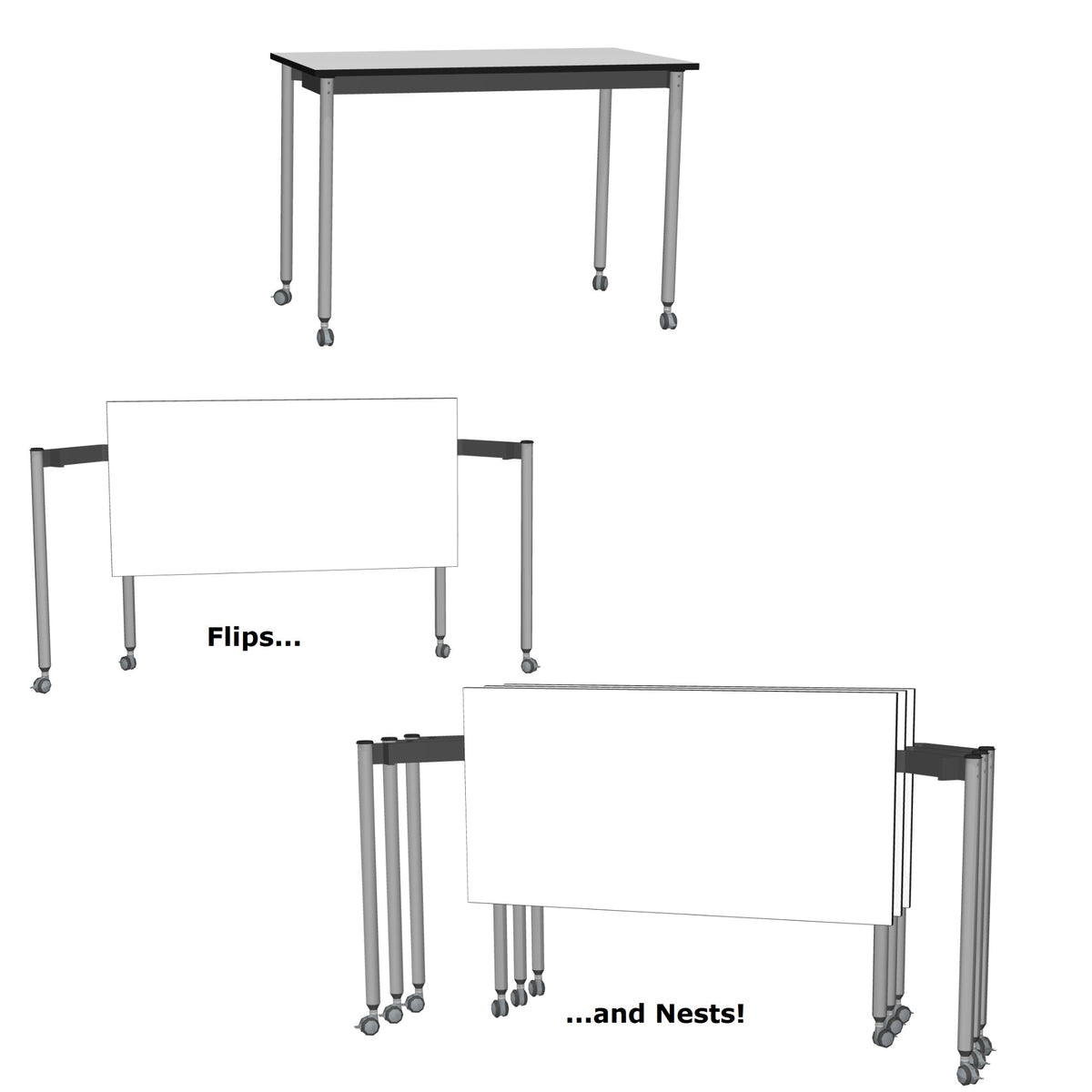 Muzo Tall Kite® Standing Height Mobile Dry-Erase Flip-Top Folding/Nesting Table, Rectangle, 59" W x 25.5" D