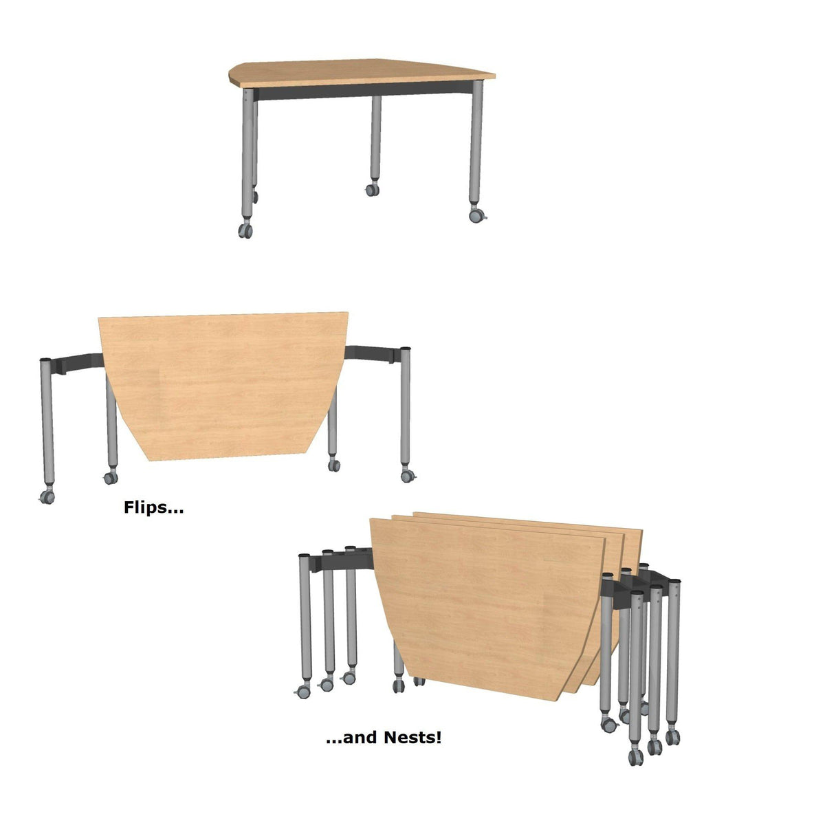 Muzo Kite® Mobile Flip-Top Folding/Nesting Table, Boat End, 51" W x 29.5" D x 29" H