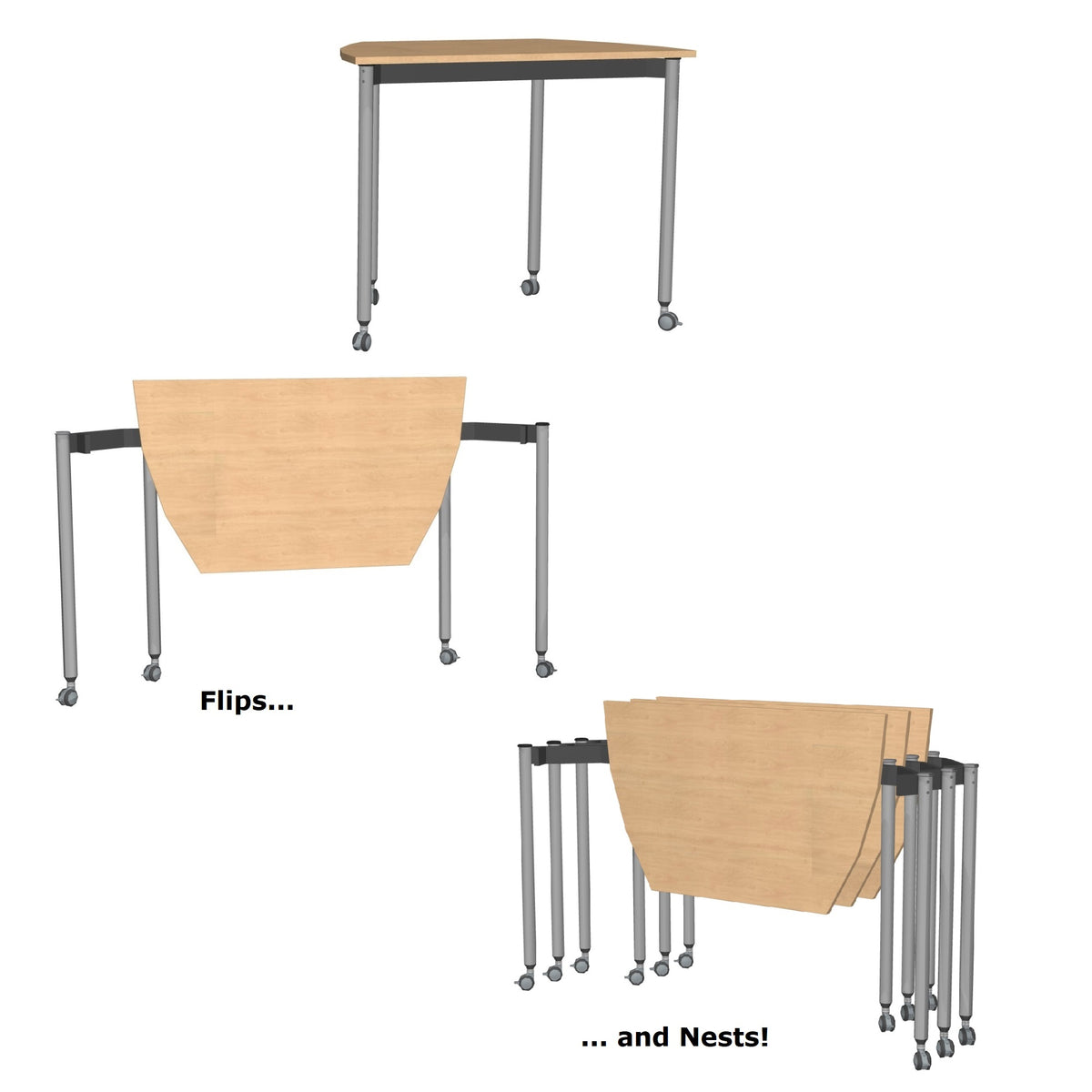 Muzo Tall Kite® Standing Height Mobile Flip-Top Folding/Nesting Table, Boat End, 51" W x 29.5" D
