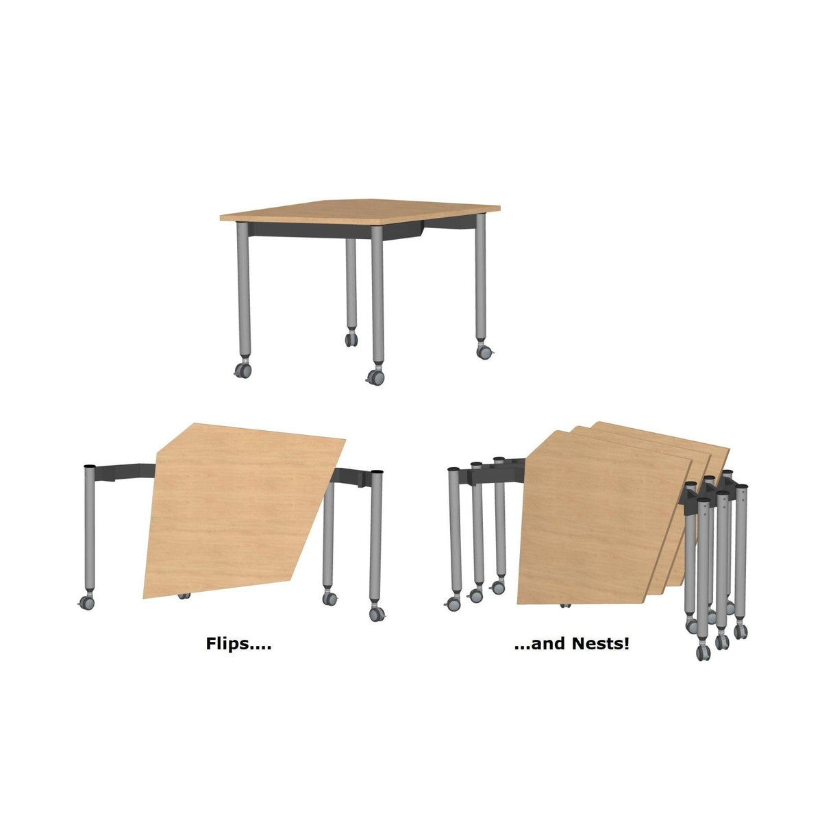 Muzo Kite® Mobile Flip-Top Folding/Nesting Table, Kite Shape, 29.5" W x 29.5" D x 29" H