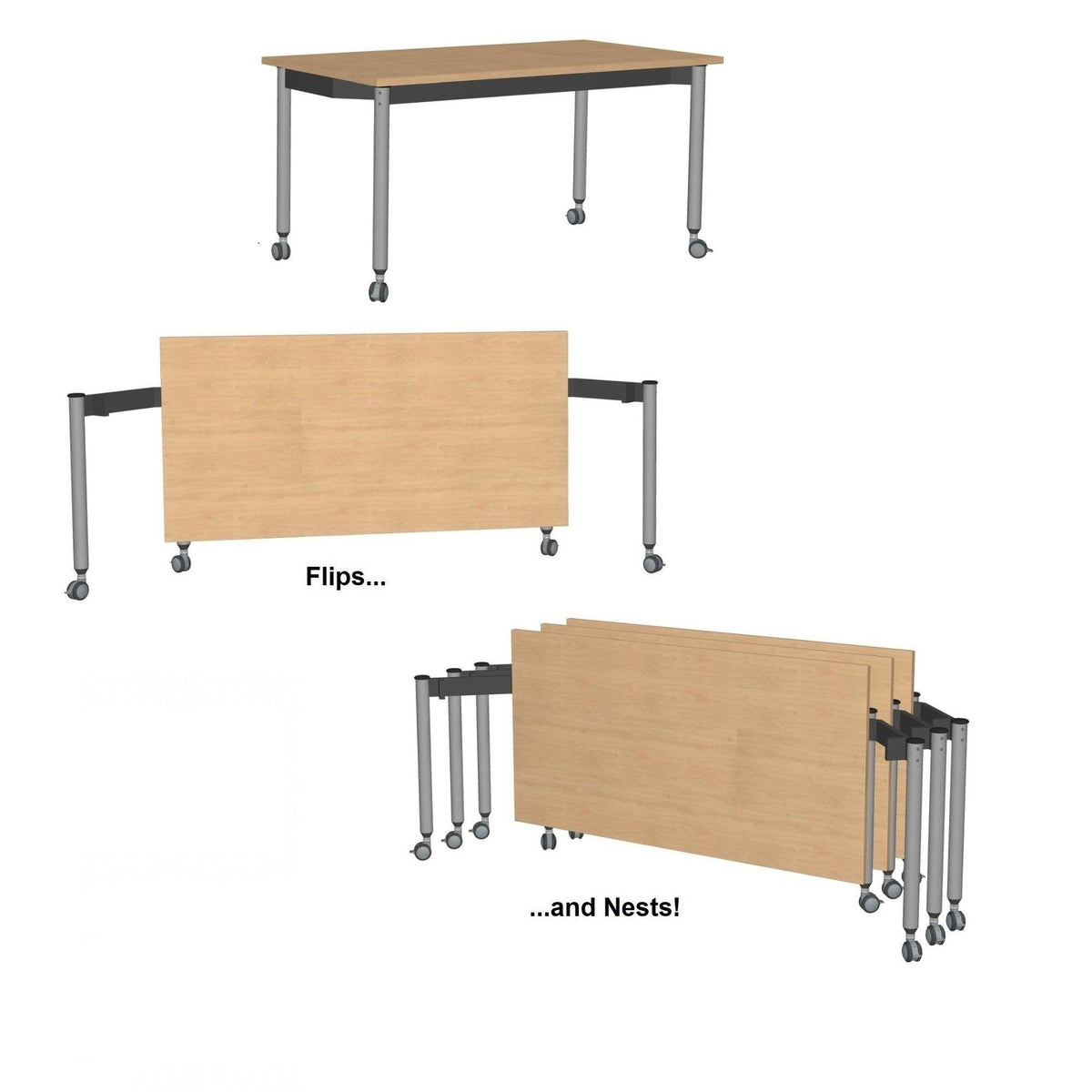 Muzo Kite® Mobile Flip-Top Folding/Nesting Table, Rectangle, 59" W x 29.5" D