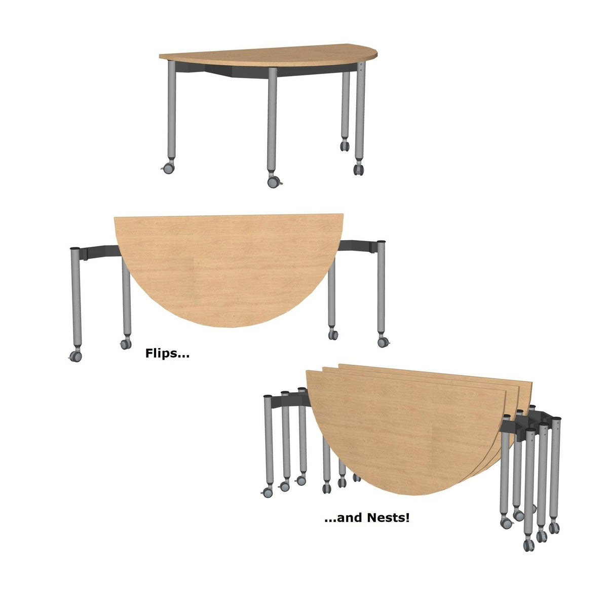 Muzo Kite® Mobile Flip-Top Folding/Nesting Table, Semi-Circle, 59" W x 29.5" D