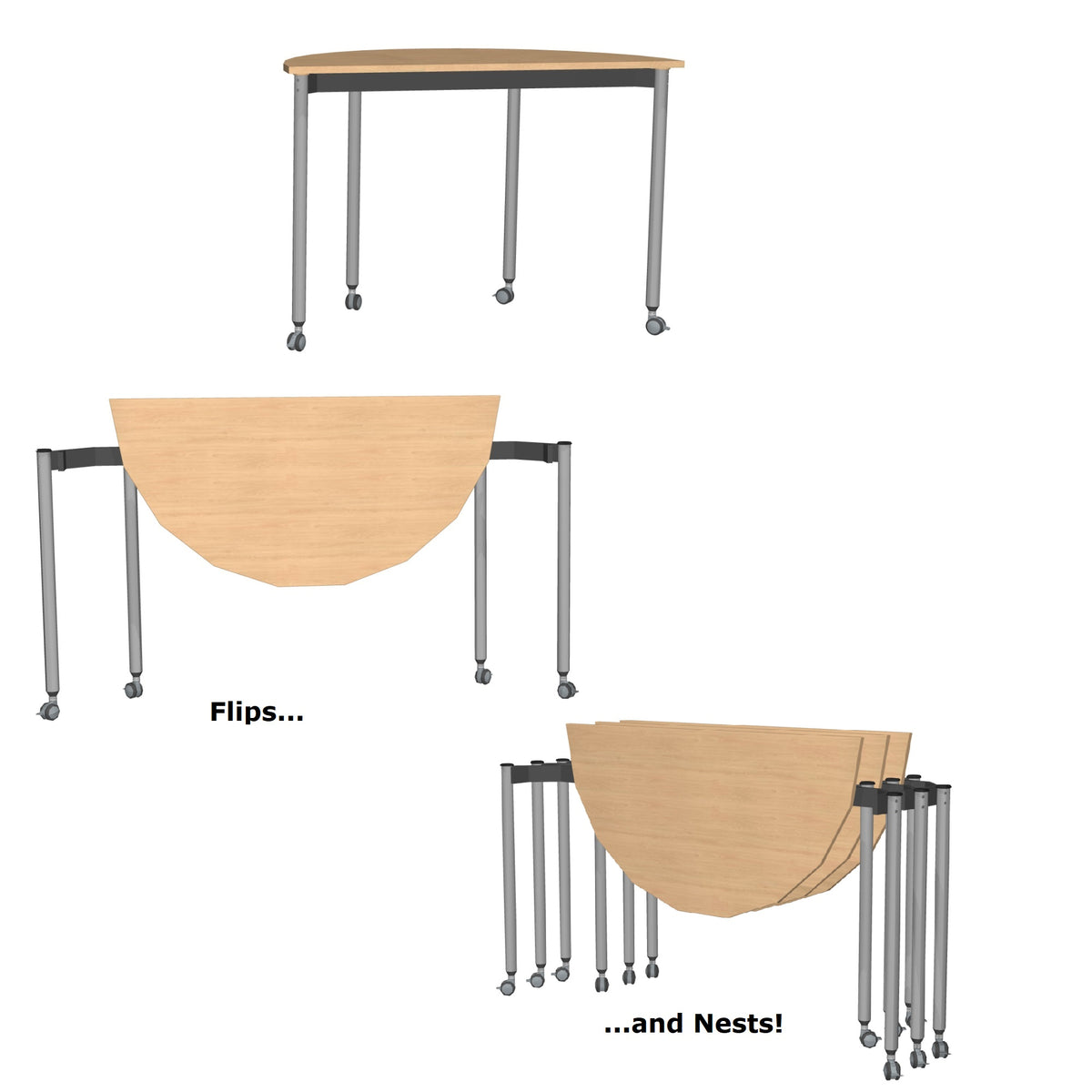 Muzo Tall Kite® Standing Height Mobile Flip-Top Folding/Nesting Table, Semi-Circle, 59" W x 29.5" D