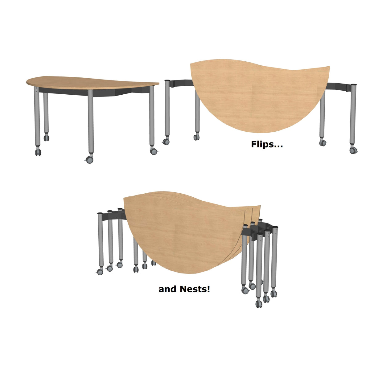 Muzo Kite® Wave Mobile Flip-Top Folding/Nesting Table, Semi-Circle, 59" W x 32" D x 29" H