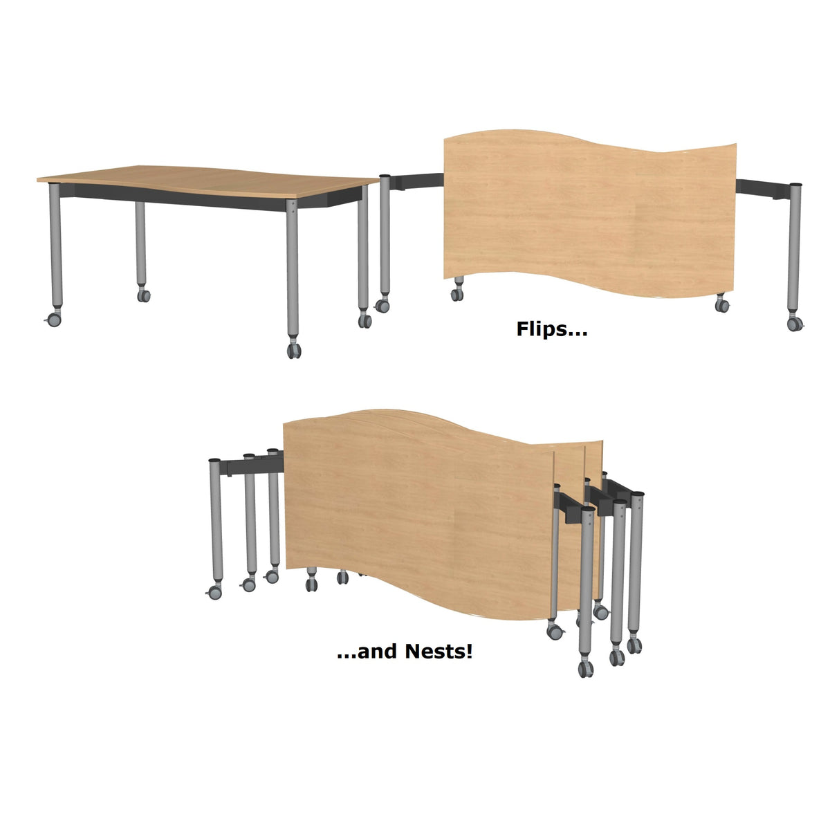 Muzo Kite® Wave Mobile Flip-Top Folding/Nesting Table, Rectangle, 59" W x 34" D x 29" H