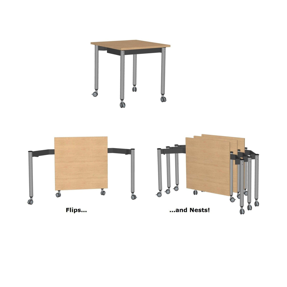 Muzo Kite® Mobile Flip-Top Folding/Nesting Table, Small Rectangle, 29.5" W x 25.5" D