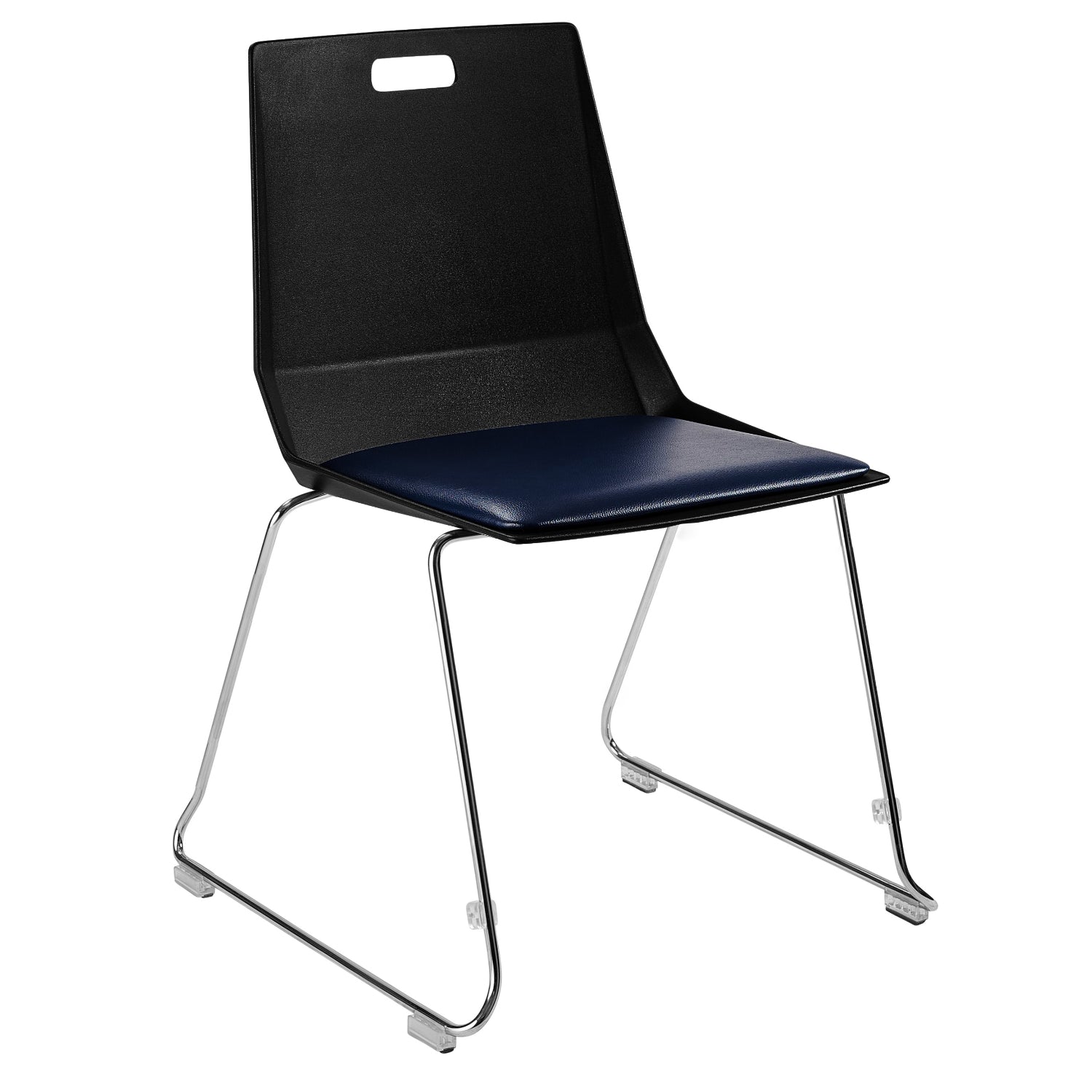 LuvraFlex Sled-Base Stack Chair, Black Poly Back/Blue Padded Seat, Chrome Frame