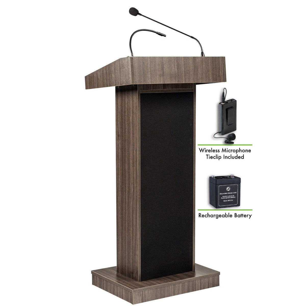 Orator Sound Lectern and Rechargeable Battery with Wireless Tie Clip/Lavalier Mic