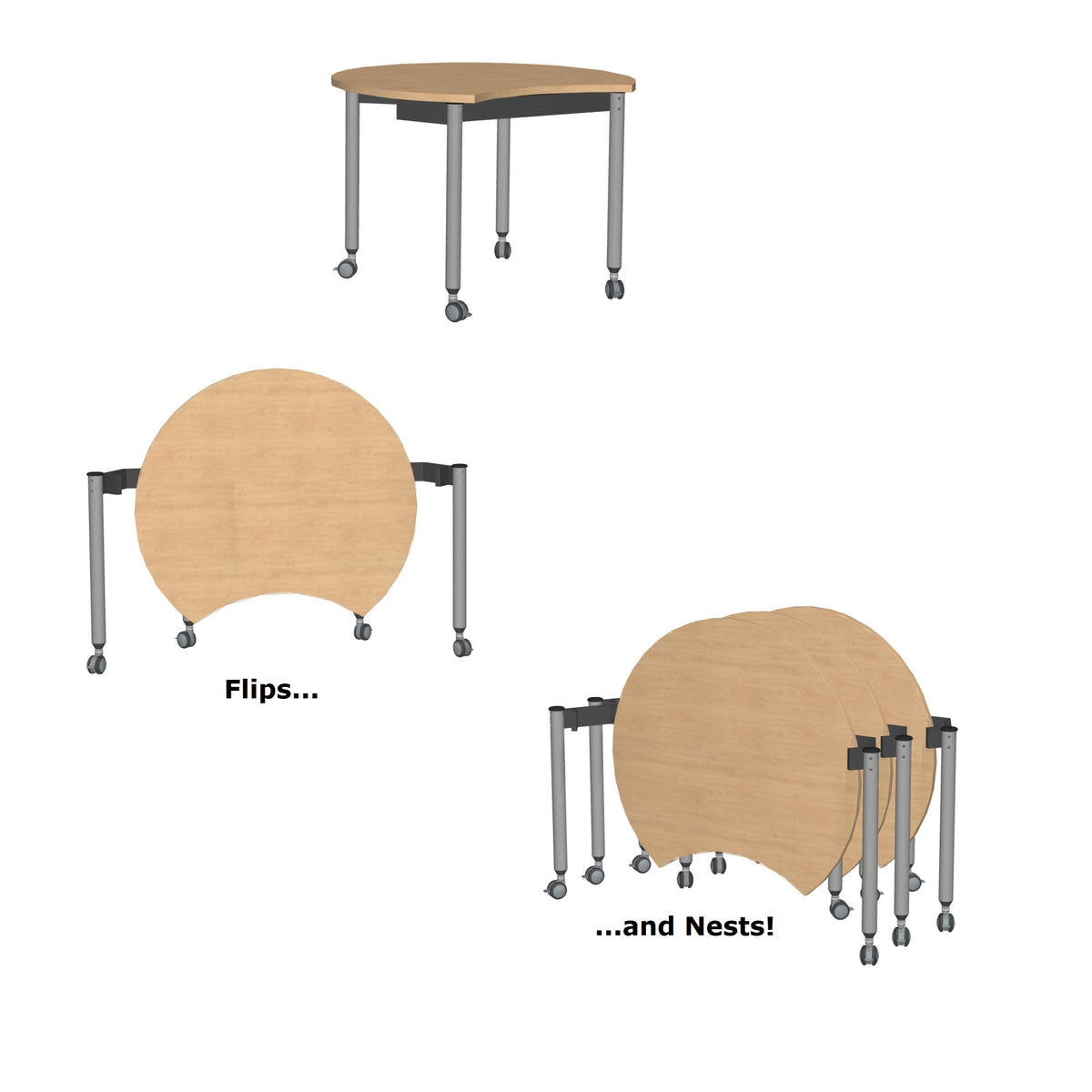 Muzo Kite® Mini Mobile Flip-Top Folding/Nesting Table, 42" Crescent