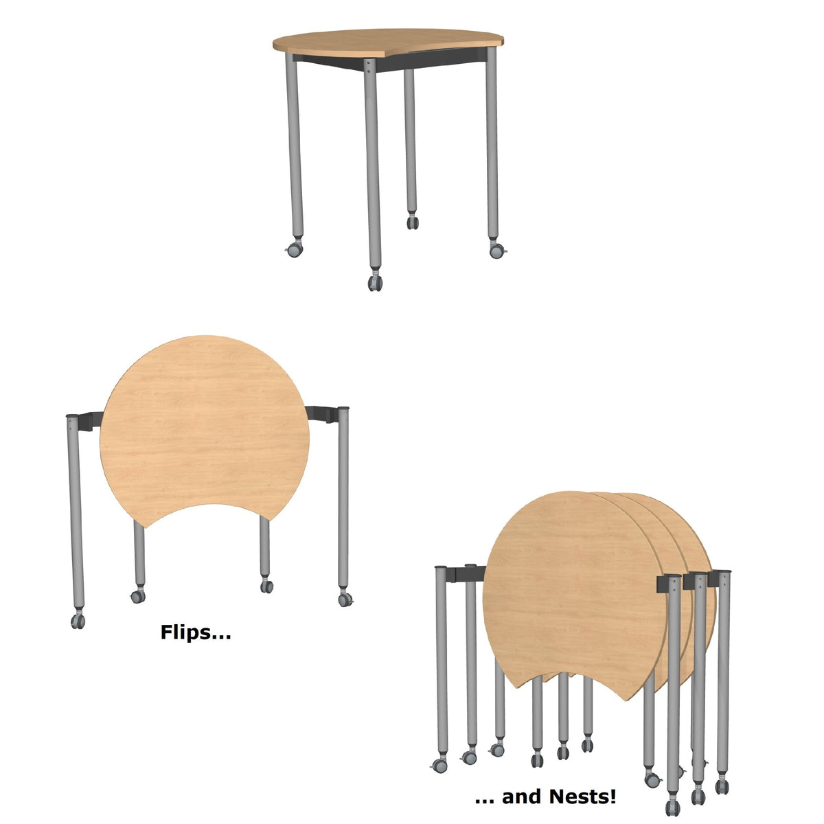 Muzo Tall Kite® Standing Height Mini Mobile Flip-Top Folding/Nesting Table, 42" Crescent