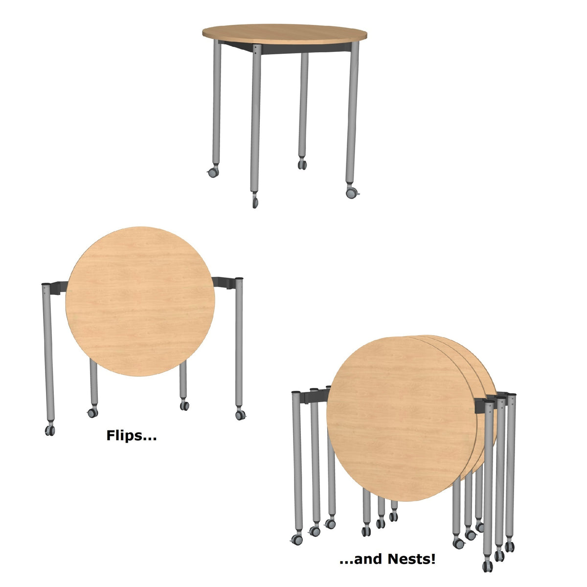 Muzo Tall Kite® Standing Height Mini Mobile Flip-Top Folding/Nesting Table, 42" Full Circle