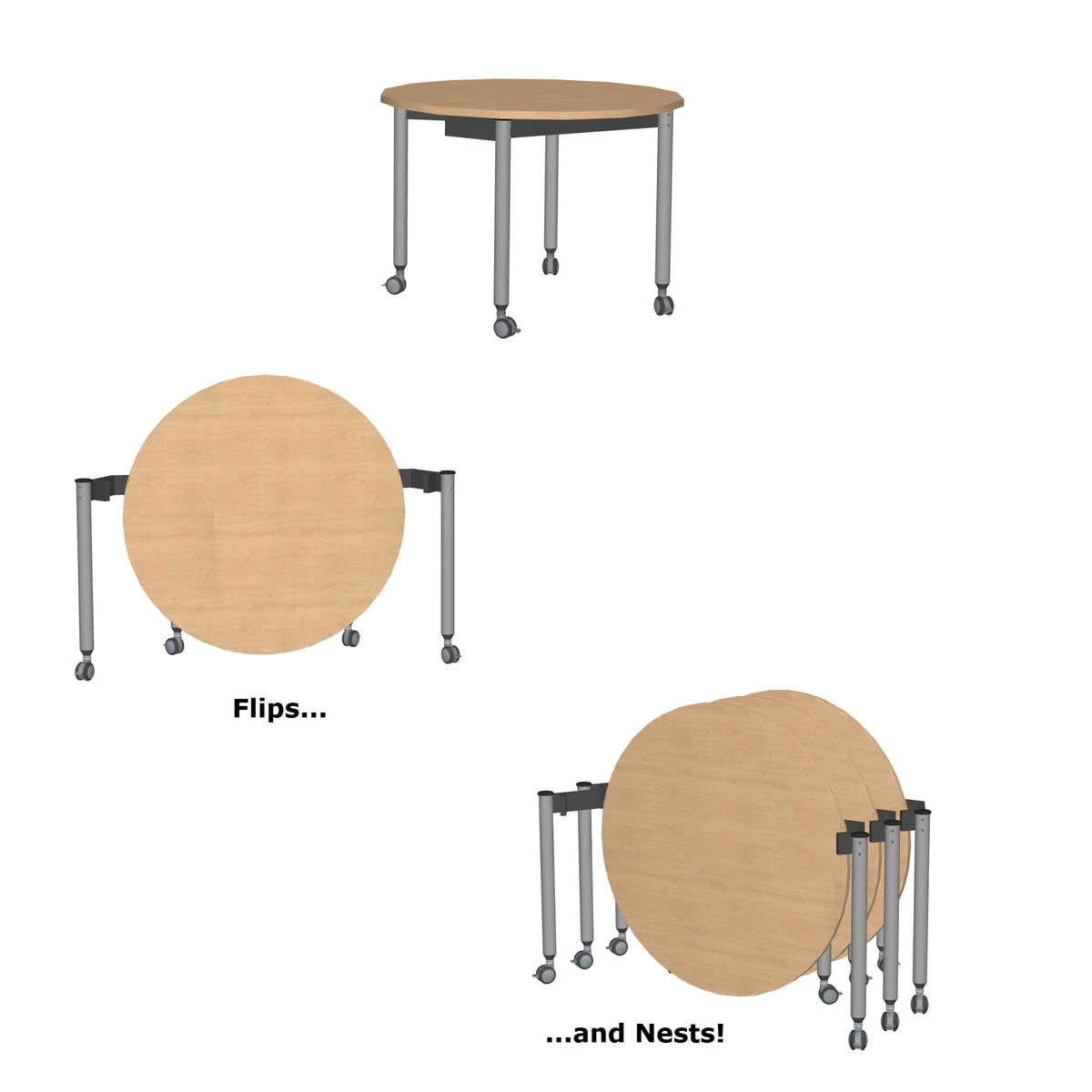 Muzo Kite® Mini Mobile Flip-Top Folding/Nesting Table, 42" Full Circle, 29" H