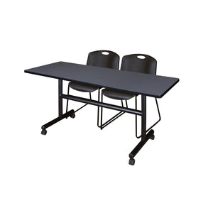 Kobe Flip Top Training Table and Chair Package, Kobe 60" x 30" Flip Top Mobile Nesting Table with 2 Zeng Stack Chairs